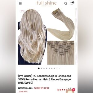 Full Shine 22 inch Seamless PU Clip In Extensions - Blonde Mix